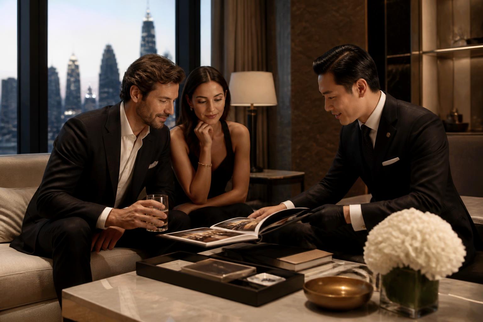 A resident couple meeting with a concierge in a luxury residence